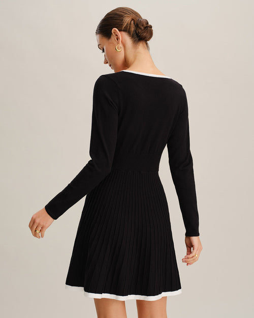 Black Contrasting V Neck Button Sweater Dress