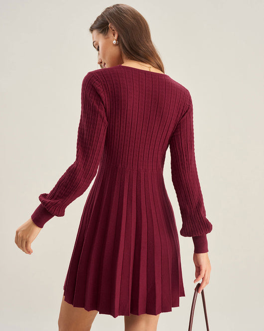 Wine Red V-Neck A-Line Sweater Dress