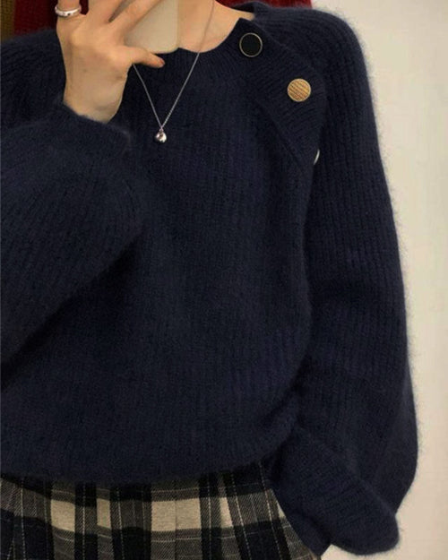 Blue Round Neck Loose Casual Sweater