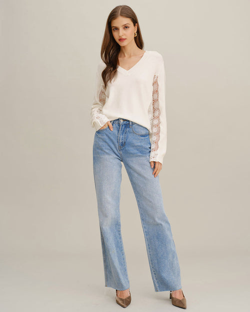 White V Neck Lace Splicing Sweater