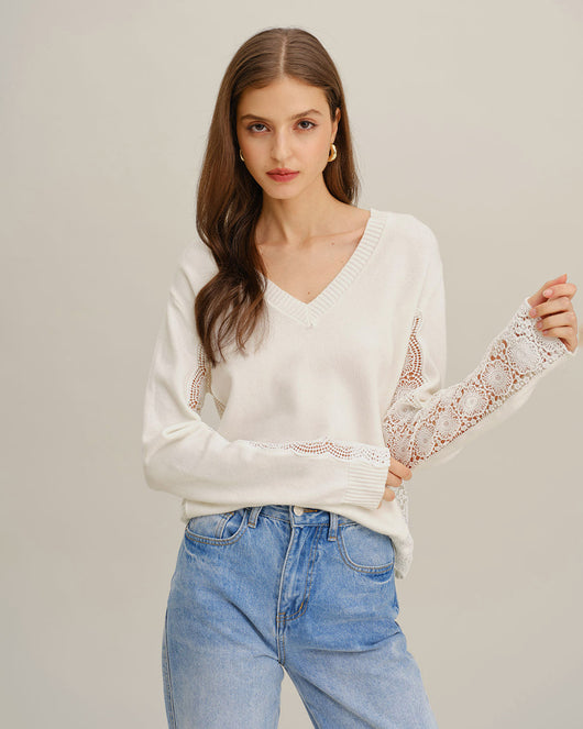 White V Neck Lace Splicing Sweater