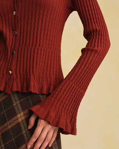 Brown V Neck Bell Sleeve Knit Cardigan