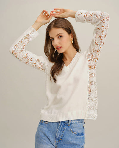 White V Neck Lace Splicing Sweater