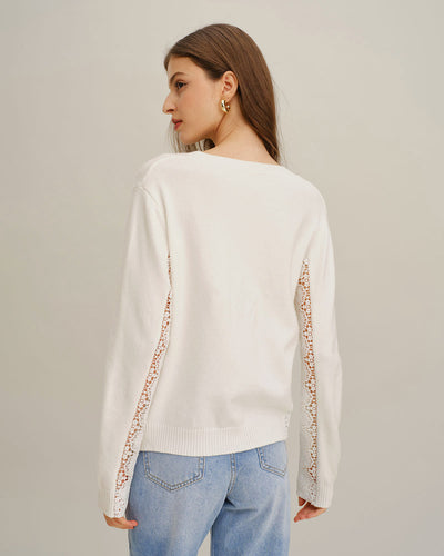 White V Neck Lace Splicing Sweater