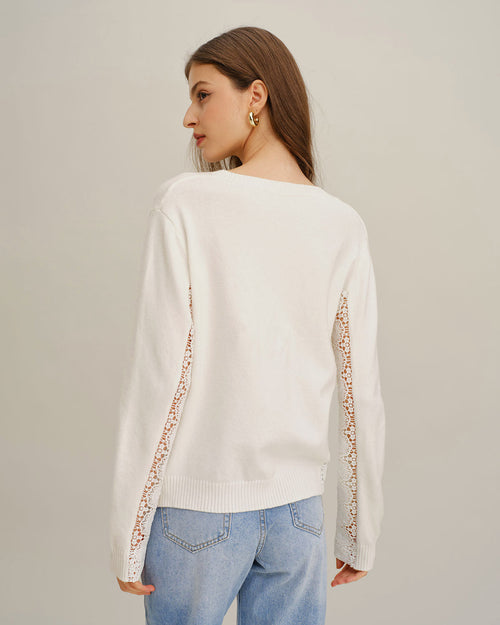 White V Neck Lace Splicing Sweater
