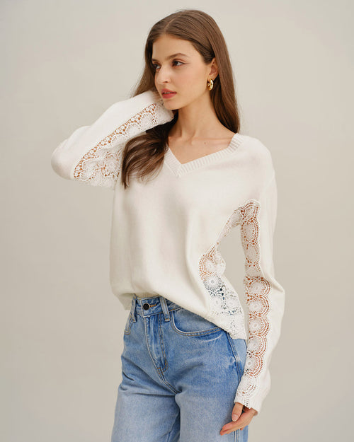 White V Neck Lace Splicing Sweater