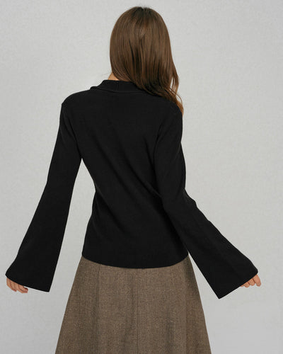 Black Bell Sleeve Button Collar Sweater