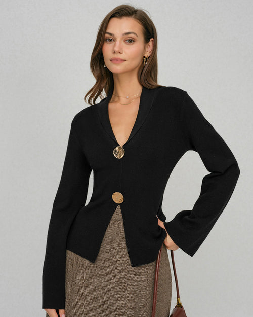 Black Bell Sleeve Button Collar Sweater