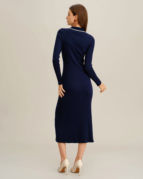 Blue Contrasting Button Sweater Dress