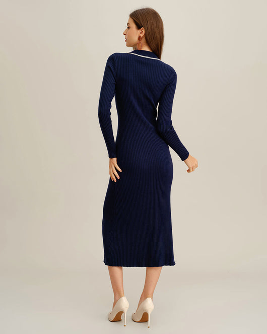 Blue Contrasting Button Sweater Dress