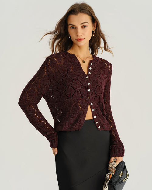 Wine Red Single Breasted Knit Cardigan