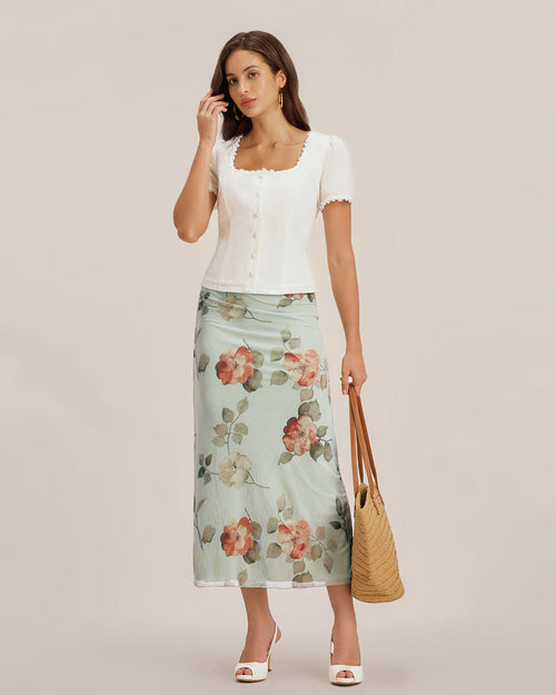 White Square Neck Button Lace Blouse