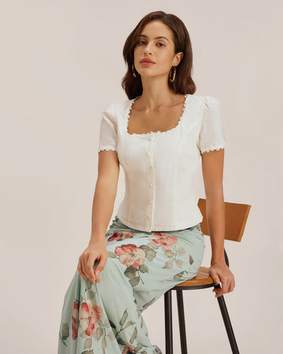 White Square Neck Button Lace Blouse