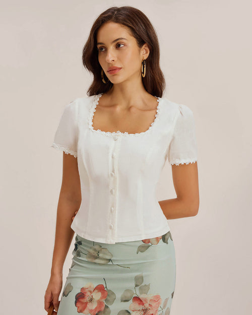 White Square Neck Button Lace Blouse