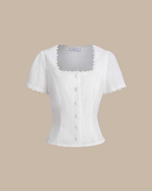 White Square Neck Button Lace Blouse