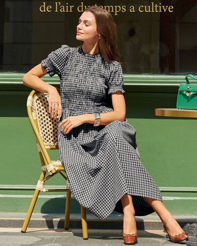 Blue Gingham Puffed Sleeve Midi Dress