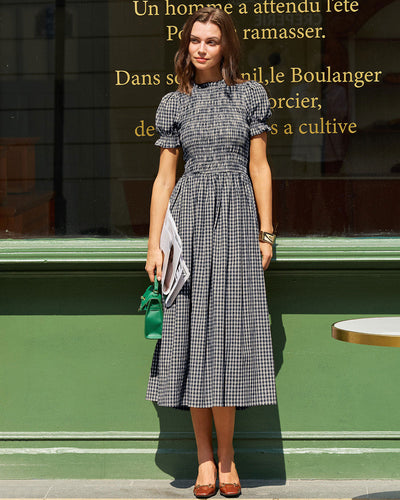 Blue Gingham Puffed Sleeve Midi Dress