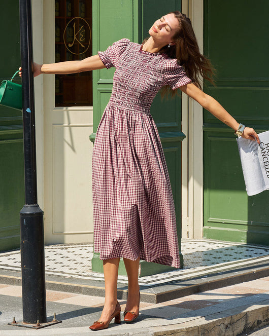 Wine Red Gingham Puffed Sleeve Midi Dress