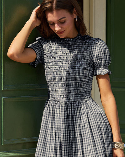 Blue Gingham Puffed Sleeve Midi Dress