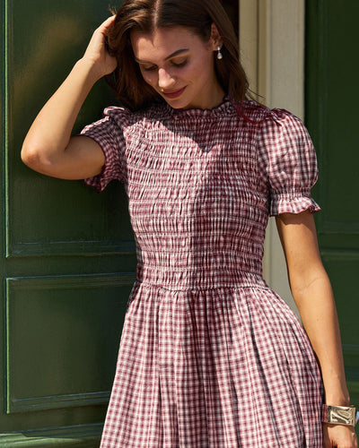 Wine Red Gingham Puffed Sleeve Midi Dress