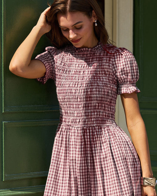 Wine Red Gingham Puffed Sleeve Midi Dress