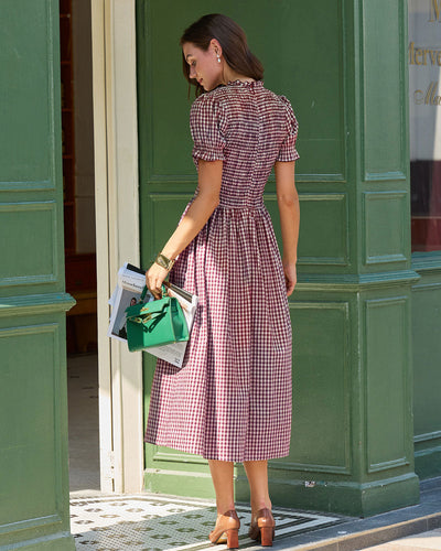 Wine Red Gingham Puffed Sleeve Midi Dress