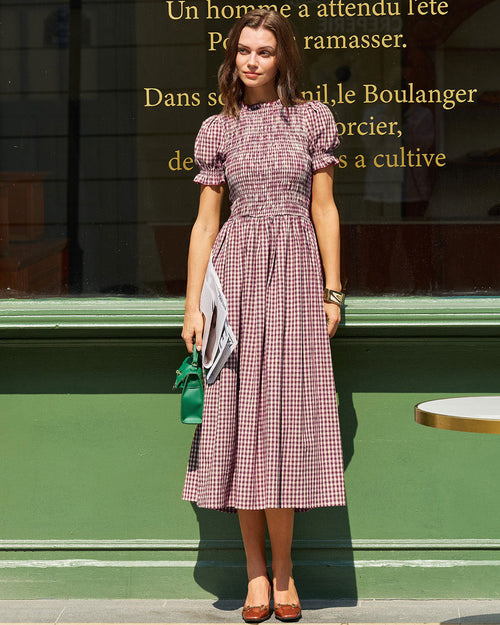 Wine Red Gingham Puffed Sleeve Midi Dress