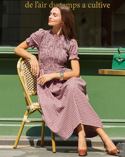 Wine Red Gingham Puffed Sleeve Midi Dress