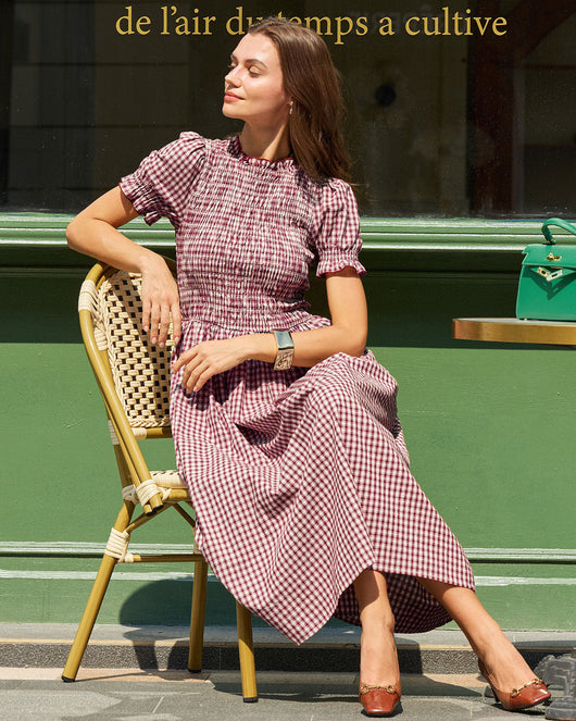 Wine Red Gingham Puffed Sleeve Midi Dress