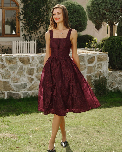 Wine Red Square Neck Jacquard Midi Dress
