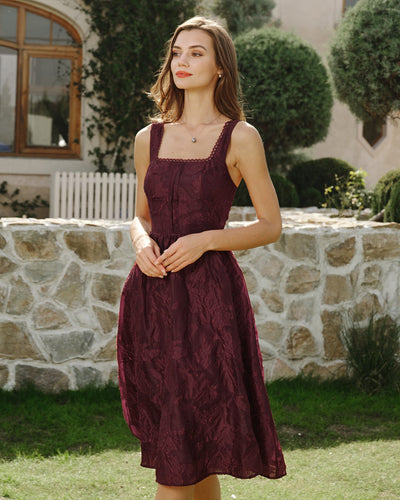 Wine Red Square Neck Jacquard Midi Dress