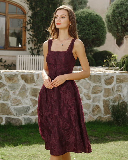 Wine Red Square Neck Jacquard Midi Dress
