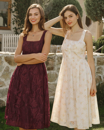 Wine Red Square Neck Jacquard Midi Dress