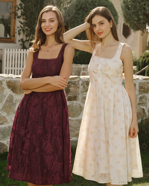 Wine Red Square Neck Jacquard Midi Dress