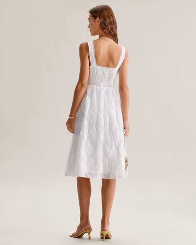White Jacquard Shirred Slip Midi Dress