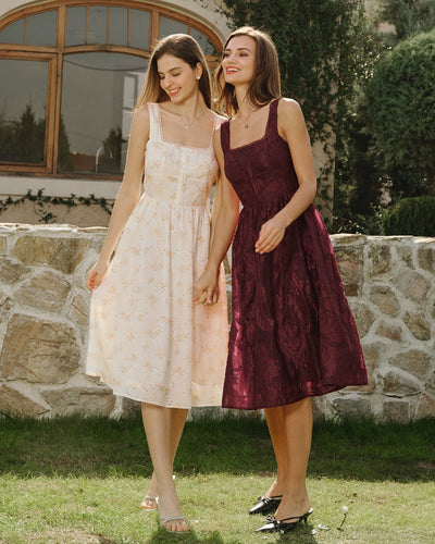 Wine Red Square Neck Jacquard Midi Dress