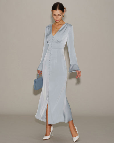 Grey Satin Bell Sleeve Maxi Dress