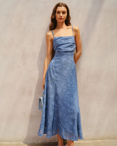 Blue Jacquard Ruched Slip Maxi Dress