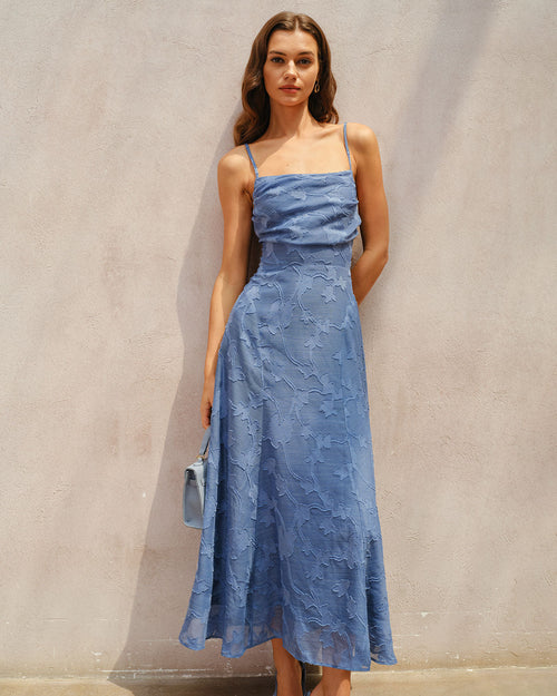 Blue Jacquard Ruched Slip Maxi Dress
