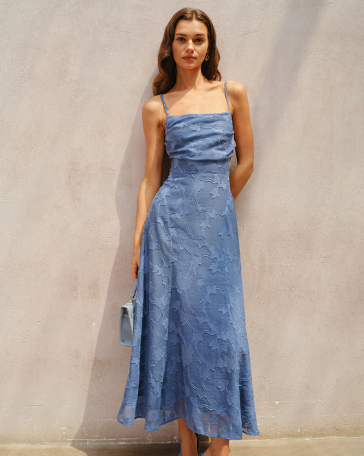 Blue Jacquard Ruched Slip Maxi Dress