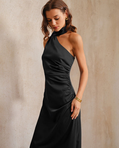 Black One Shoulder A-Line Maxi Dress