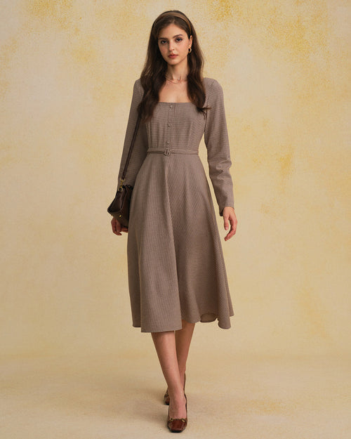 Brown Gingham Square Neck Belted Maxi Dress