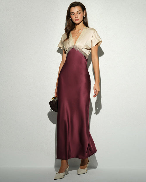 Wine Red V Neck A-Line Maxi Dress