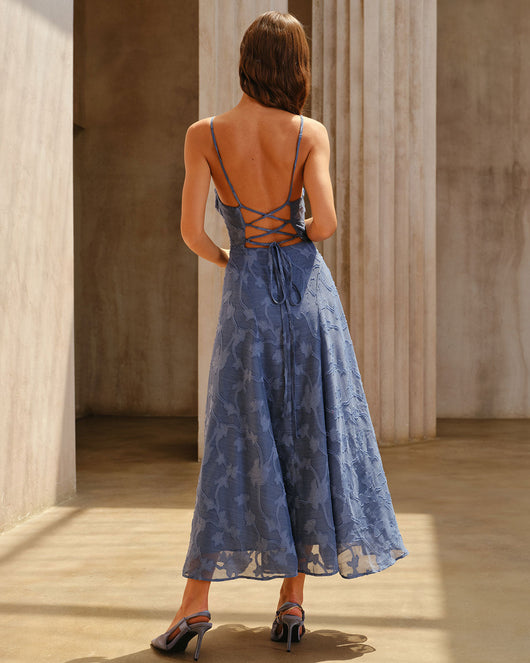 Blue Jacquard Ruched Slip Maxi Dress