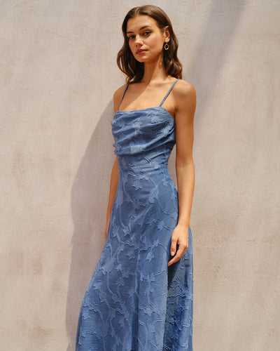 Blue Jacquard Ruched Slip Maxi Dress