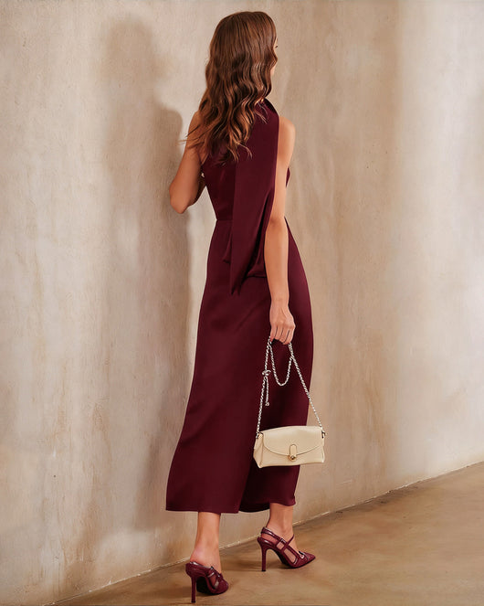 Wine Red Satin One Shoulder Maxi Dress