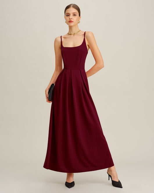 Wine Red Pleated Slip Maxi Dress