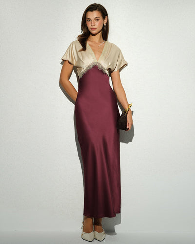 Wine Red V Neck A-Line Maxi Dress