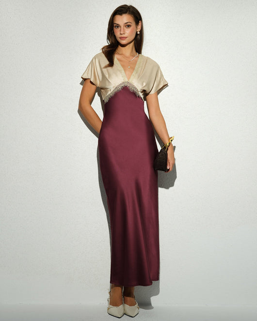 Wine Red V Neck A-Line Maxi Dress