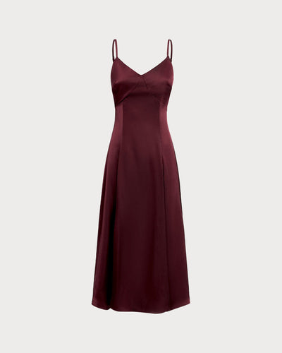 Wine Red Satin A-Line Slip Maxi Dress